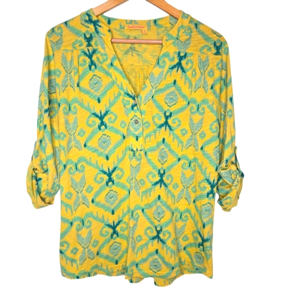 Fresh Produce Womens Cotton Ikat Print V Neck Button Roll Tab Sleeve Top Medium - Picture 1 of 8